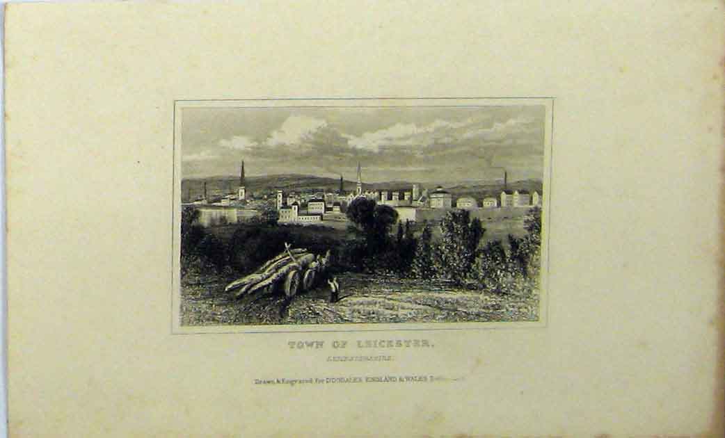 Original Old Antique Print C1848 View Town Leicester England Dugdales Victorian