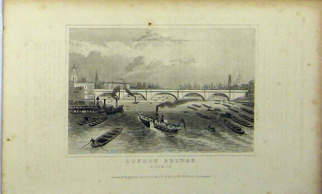 Original Old Antique Print View London Bridge River Boat C1848 Dugdales 19th