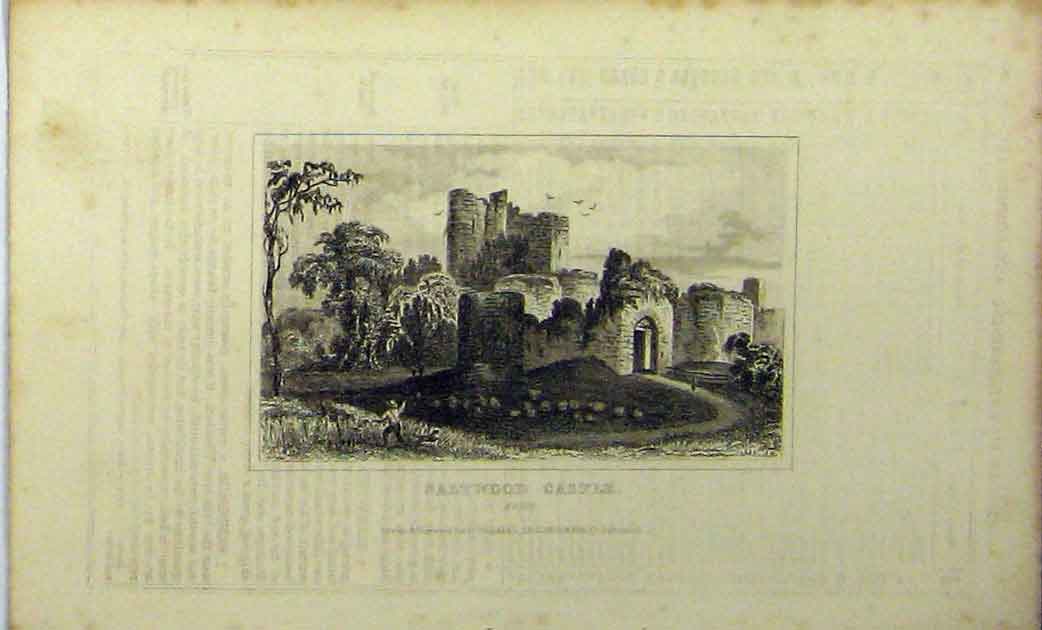 Original Old Antique Print C1848 Saltwood Castle Kent Dugdales Ruins Victorian