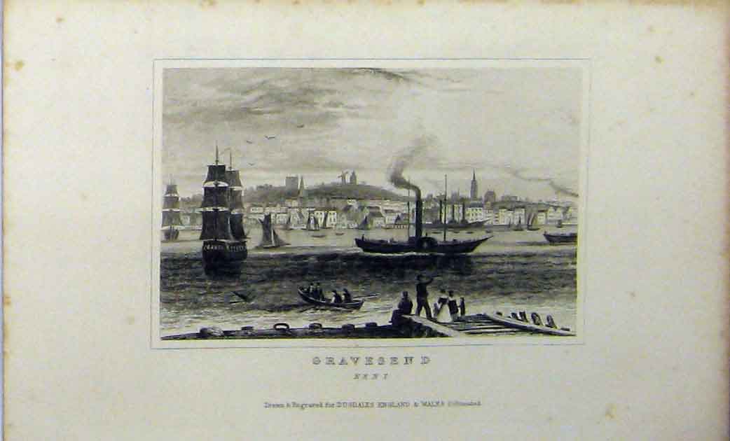 Original Old Antique Print View Gravesend Kent Ship Steamer C1848 Dugdales 19th