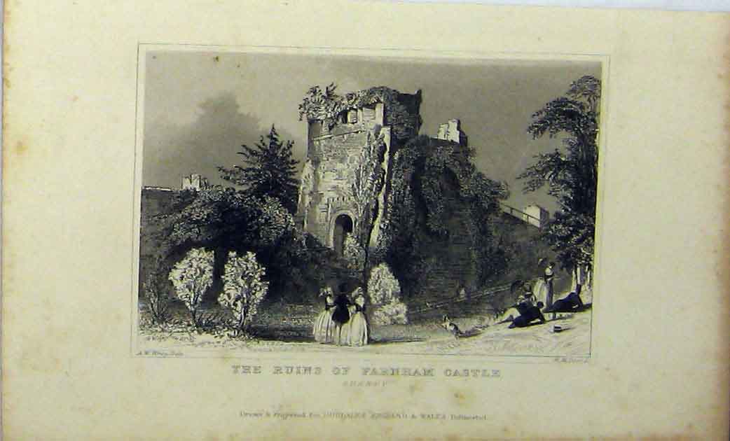 Original Old Antique Print Ruins Farnham Castle C1848 Surrey Dugdales Victorian