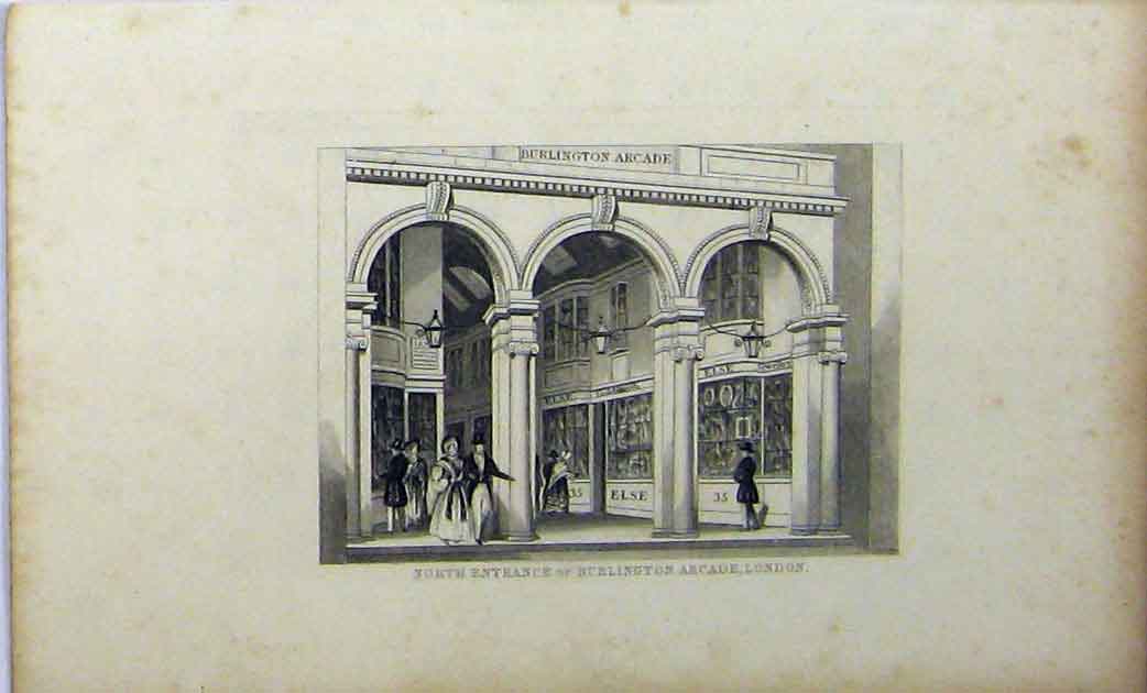 Original Old Antique Print Entrance Burlington Arcade London C1848 Dugdales