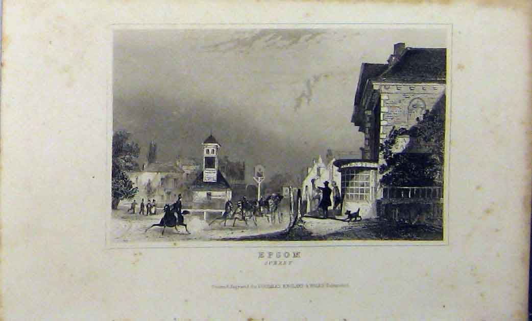 Original Old Antique Print View Epsom Surrey C1848 Dugdales Horses Victorian