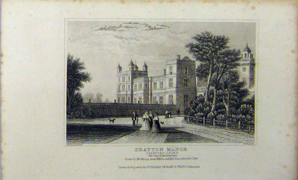 Original Old Antique Print Drayton Manor Staffordshire Robert Peel C1848 19th