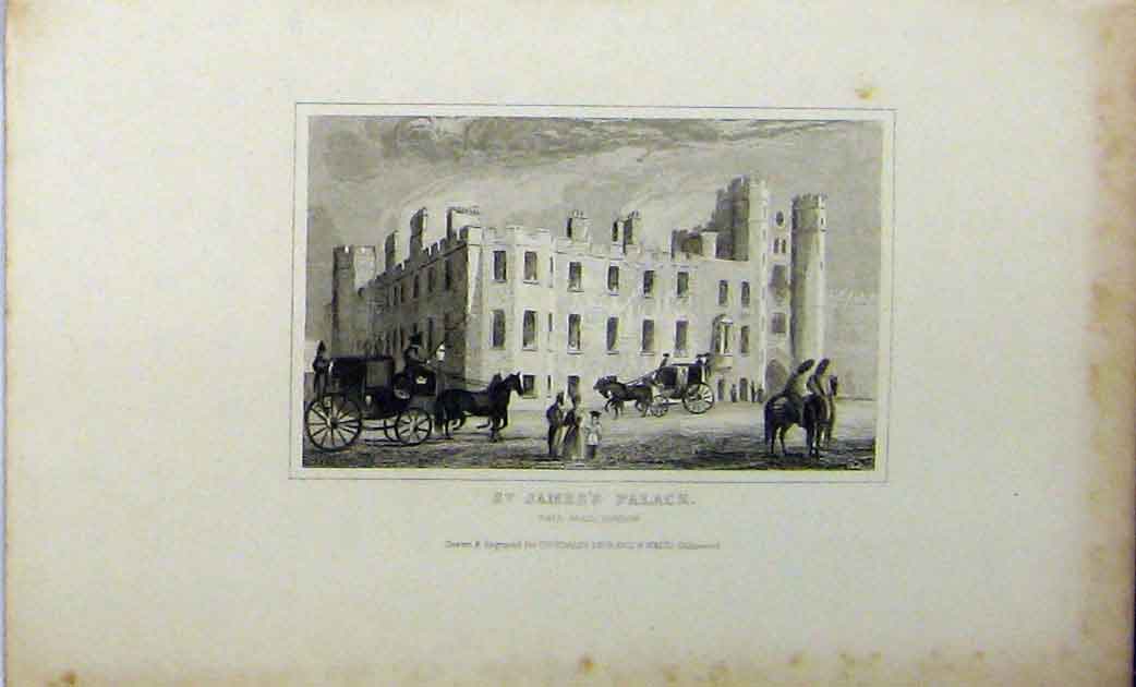 Original Old Antique Print View St James Palace Pall Mall London C1848 Dugdales