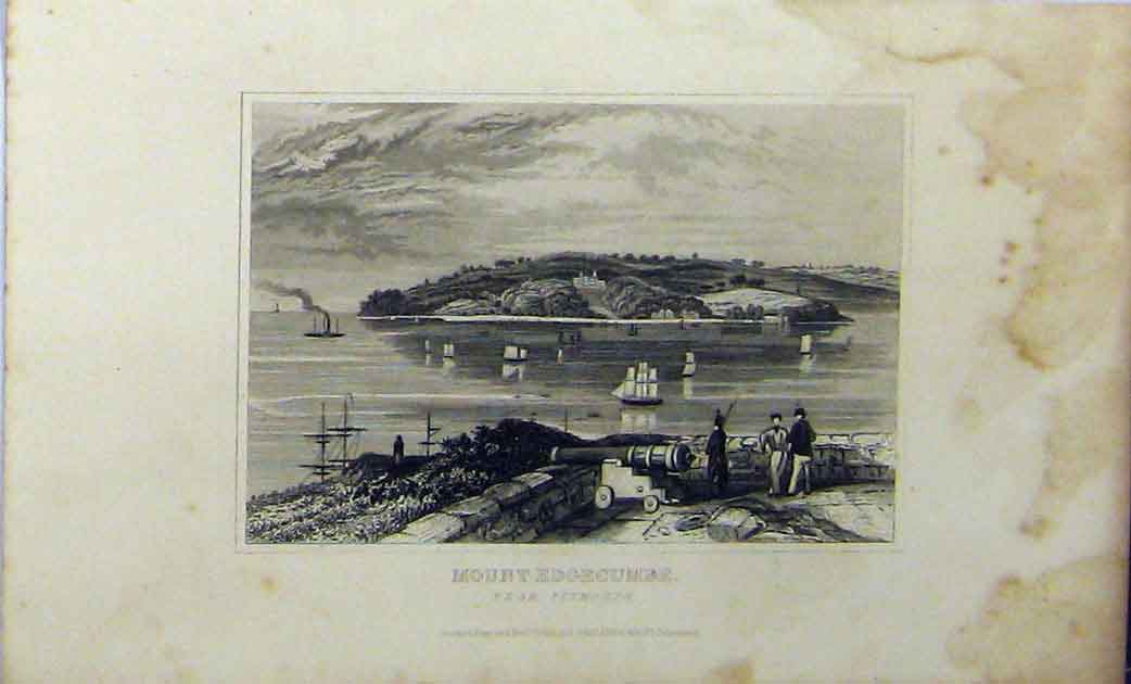 Original Old Antique Print View Mount Edgecumbe C1848 Plymouth Dugdales 19th