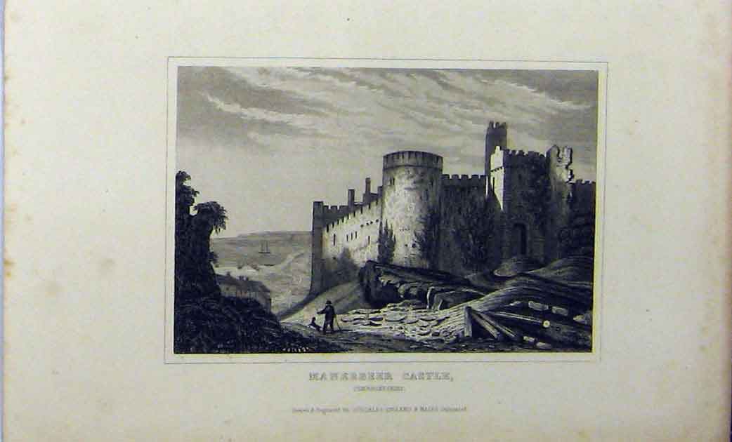 Original Old Antique Print View Manerbeer Castle C1848 Pembrokeshire Dugdales