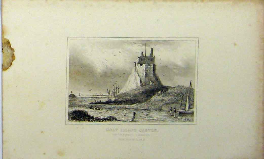Original Old Antique Print C1848 View Holy Island Castle Northumberland 19th