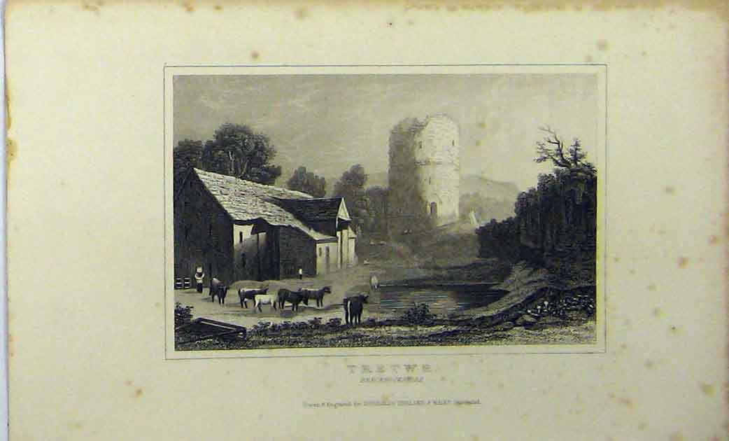 Original Old Antique Print C1848 View Tretwr Brecknockshire Dugdales Victorian