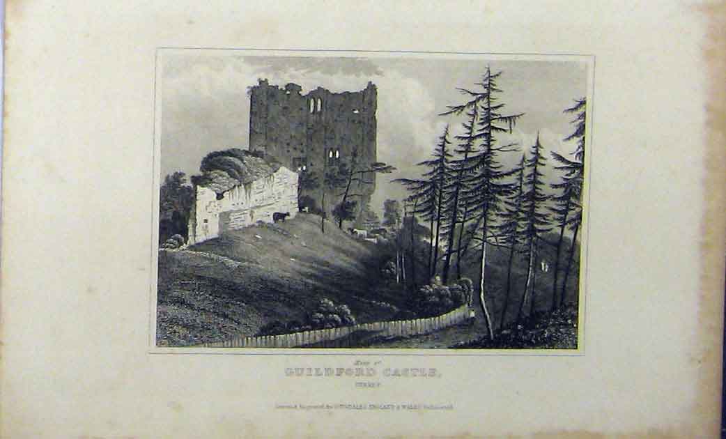 Original Old Antique Print Keep Guildford Castle C1848 Surrey Dugdales 19th