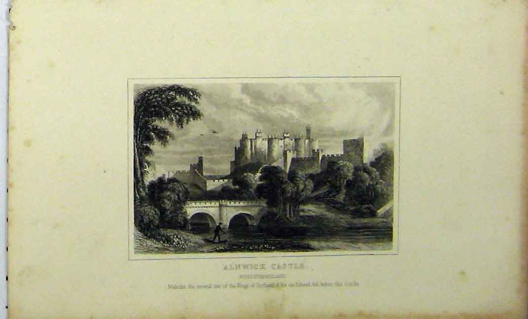 Original Old Antique Print View Alnwick Castle Northumberland C1848 Dugdales
