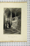 Original Old Antique Print C1865 Staircase Rath House Men Ratisbon Victorian