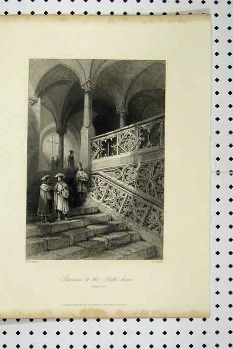 Original Old Antique Print C1865 Staircase Rath House Men Ratisbon Victorian