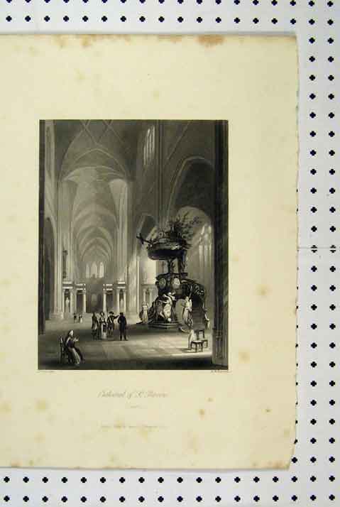 Original Old Antique Print Scene Interior Cathedral Bavon C1865 Payne Victorian
