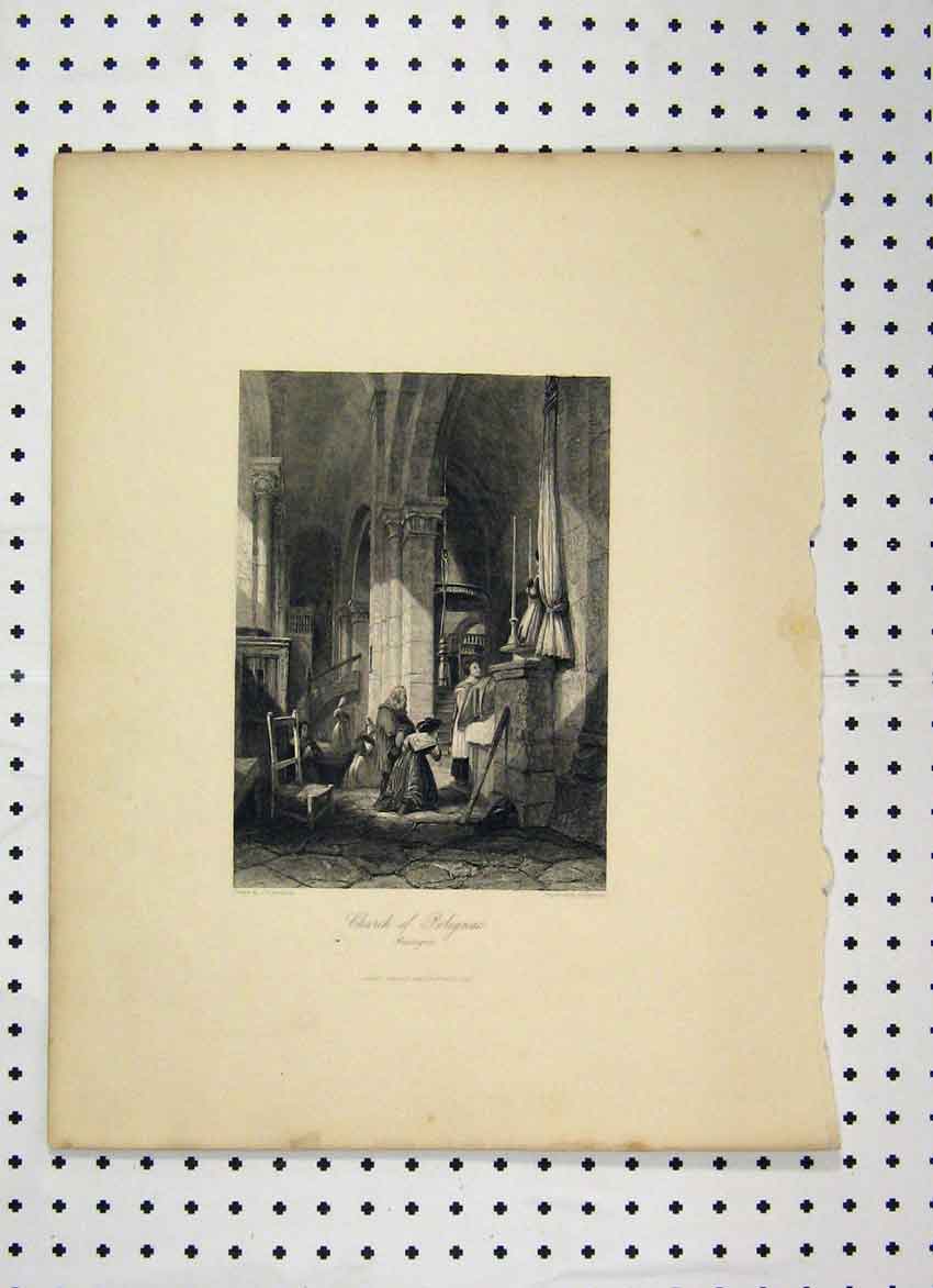 Original Old Antique Print C1865 Scene Church Polignac People Praying Victorian