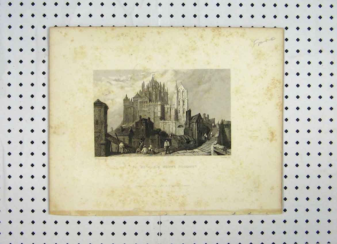 Original Old Antique Print C1865 View St Michaels Mount Normandy France 19th