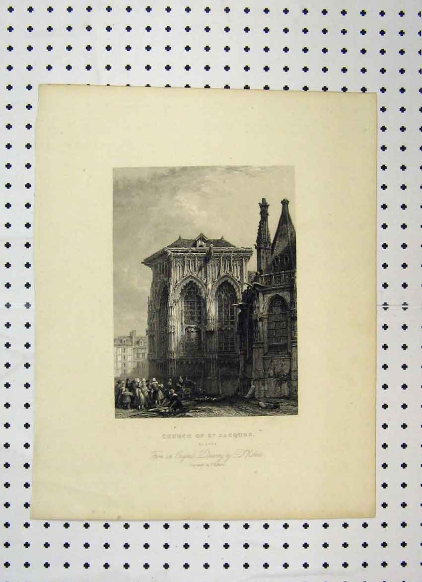Original Old Antique Print View Church St Jacques Dieppe C1865 France Victorian