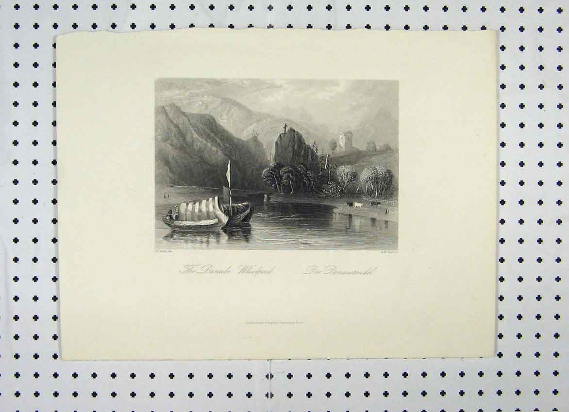 Original Old Antique Print River Danube Whirlpool C1865 Boat Mountain Scene