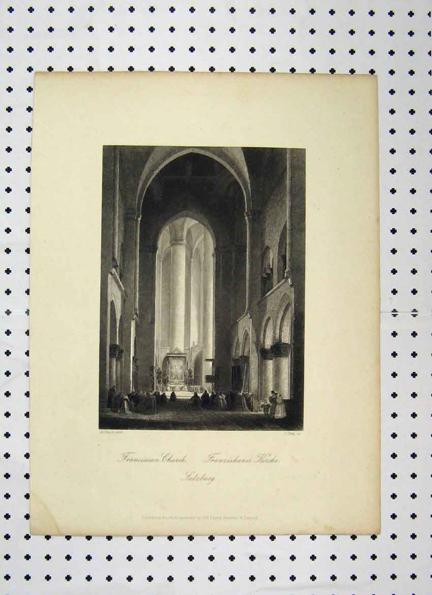 Original Old Antique Print Franciscan Church Salzburg C1865 People Praying 19th