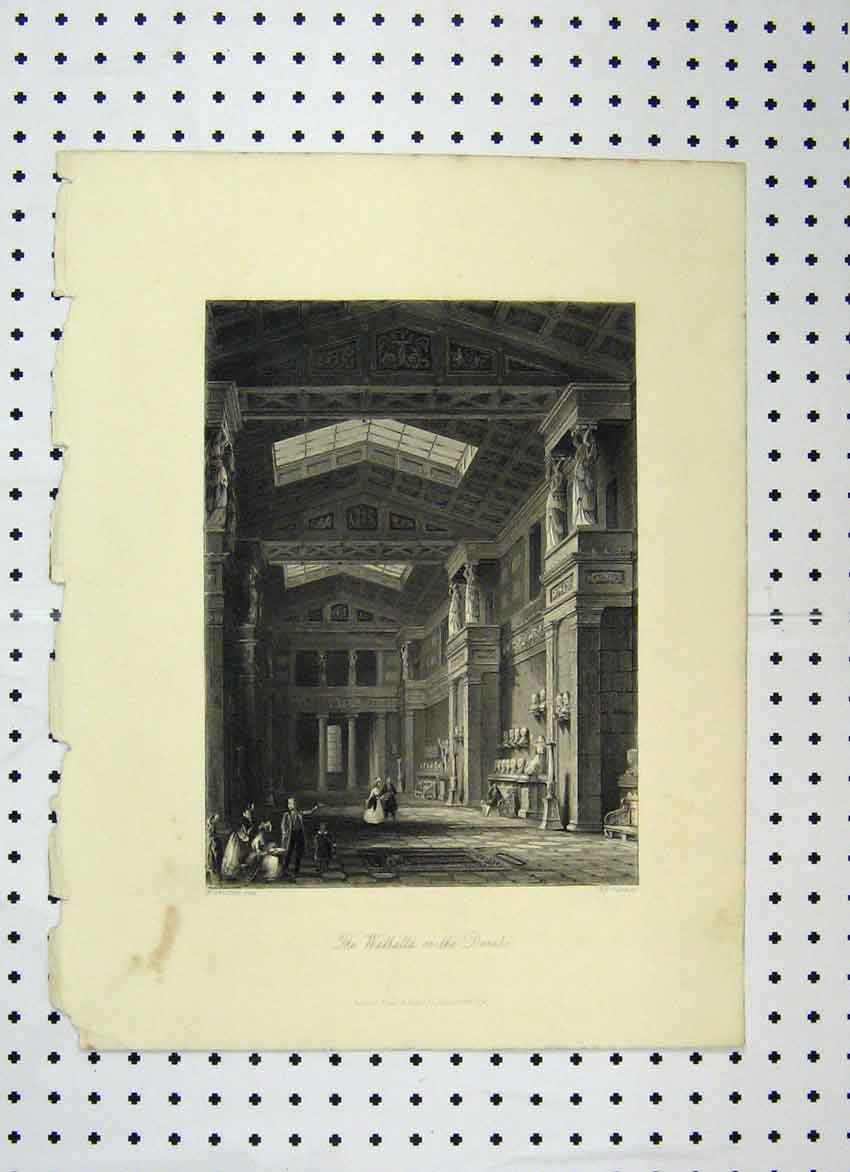 Original Old Antique Print Walhalla Danube Interior C1865 Danicng Victorian