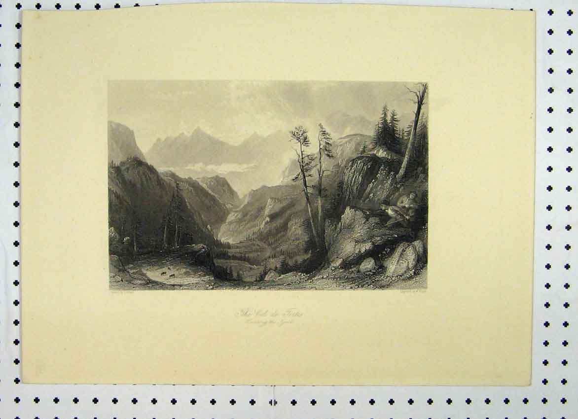 Original Old Antique Print View Col De Fortes C1865 Men Hunting Mountain Scene