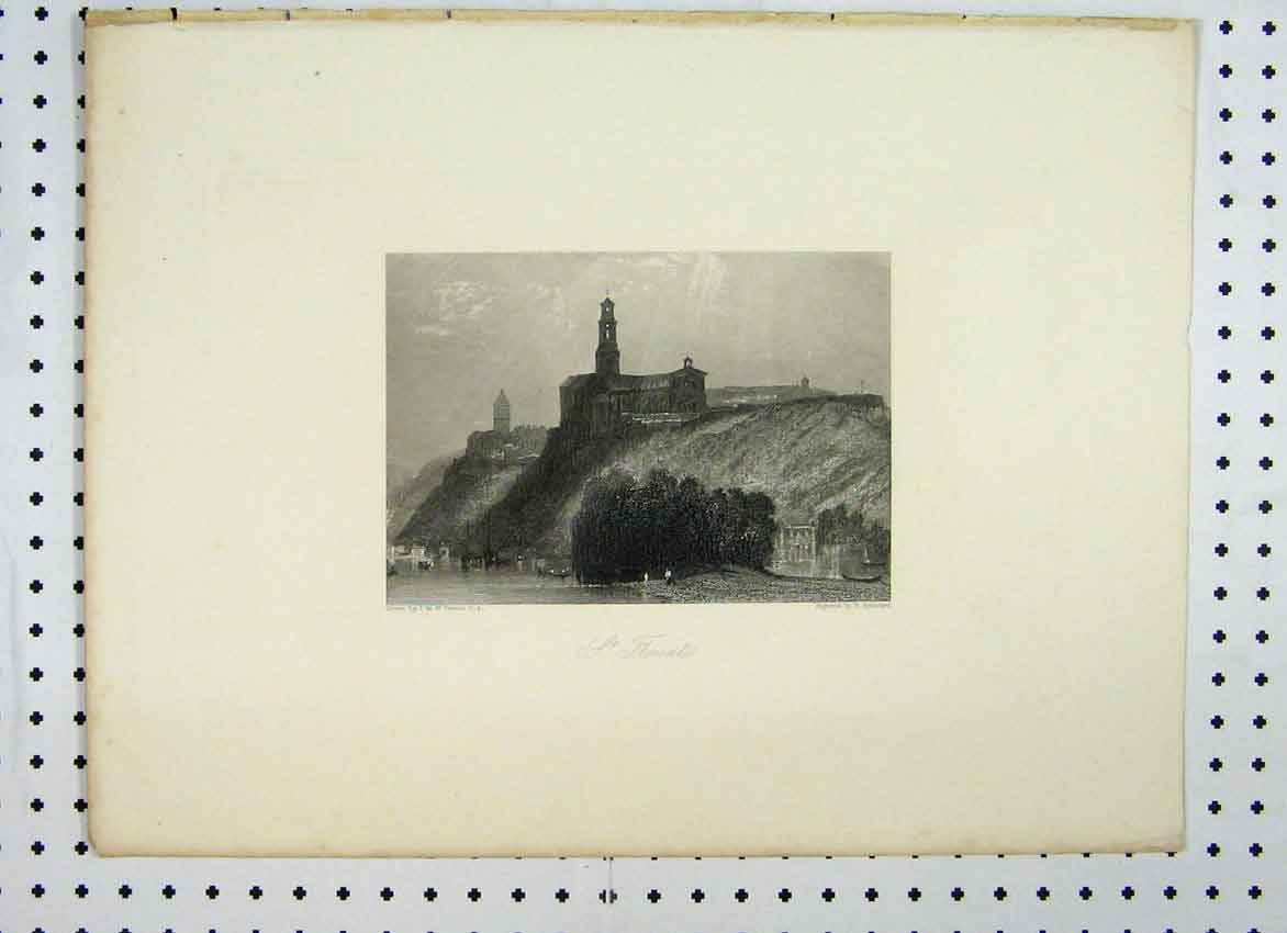 Original Old Antique Print C1865 Country View Sea Boat Tower Turner Brandard