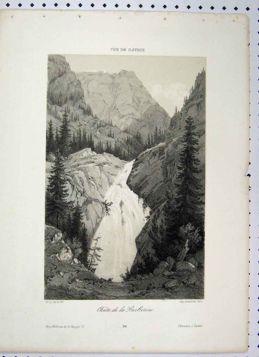 Original Old Antique Print Paris C1865 Waterfall Mountain Scene Tress Victorian