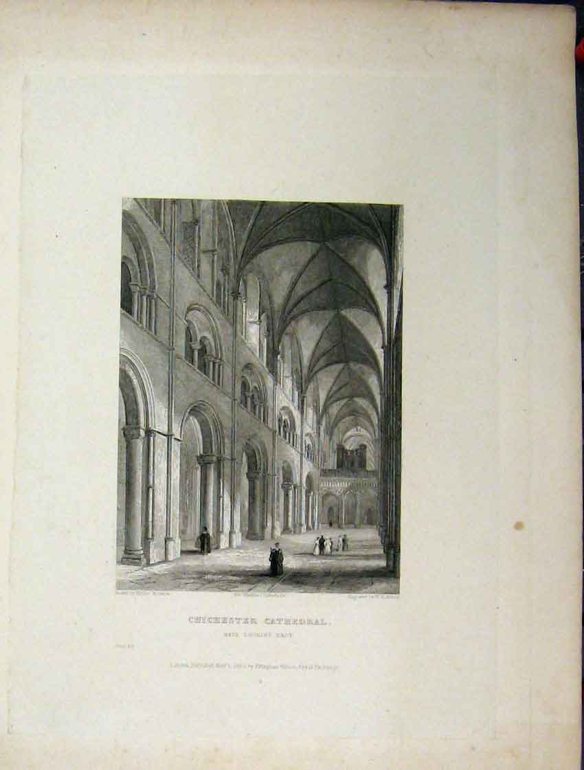 Old Antique Print C1837 Chichester Cathedral Four Pages Nave Aisle Plan 19th