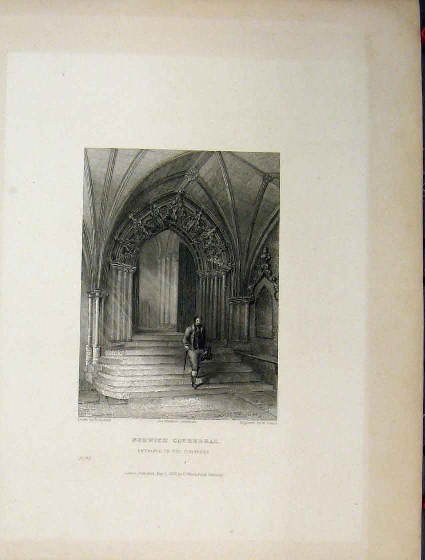 Old Antique Print Norwich Cathedral Four Pages Nave C1837 Choir Cloister 19th
