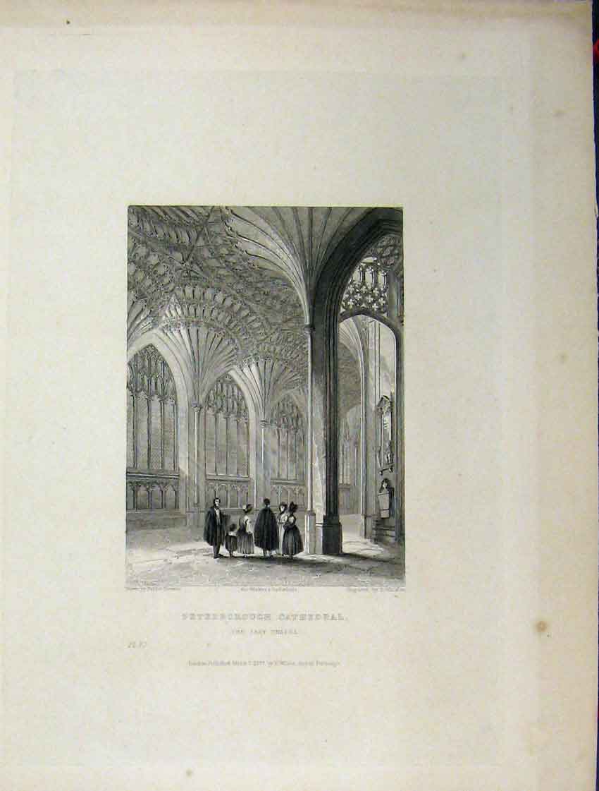Original Old Antique Print Four Pages Peterborough Cathedral Porch Lady Chapel
