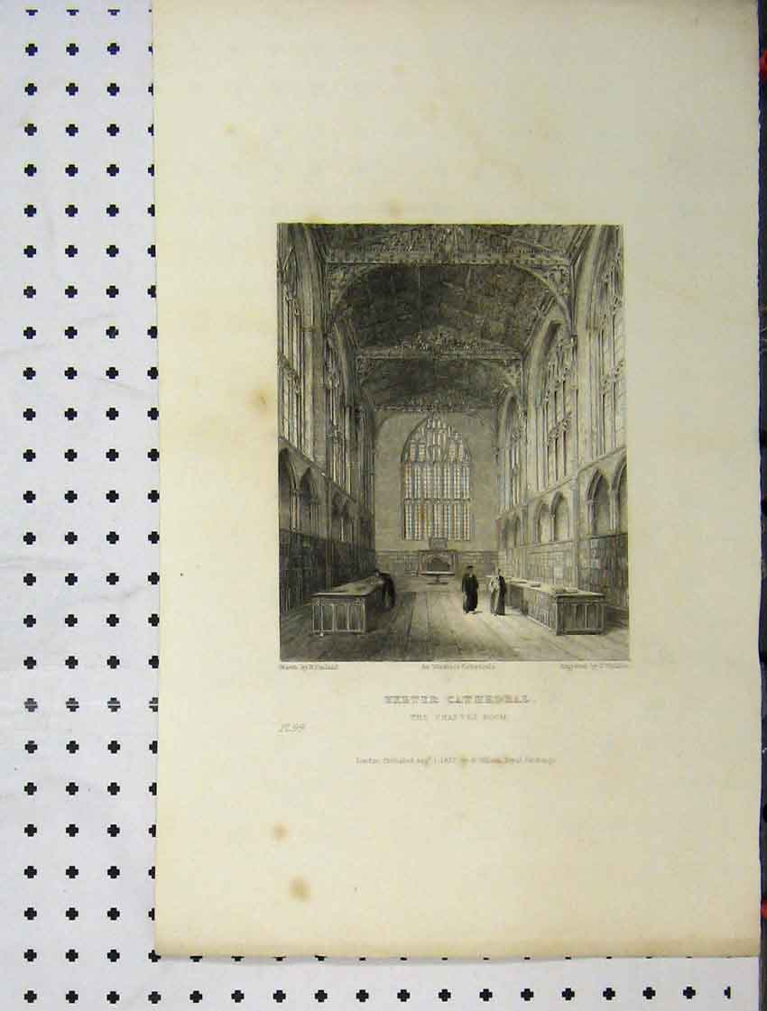 Old Antique Print C1837 Exeter Cathedral Chapter Room Winkles Engraving 19th