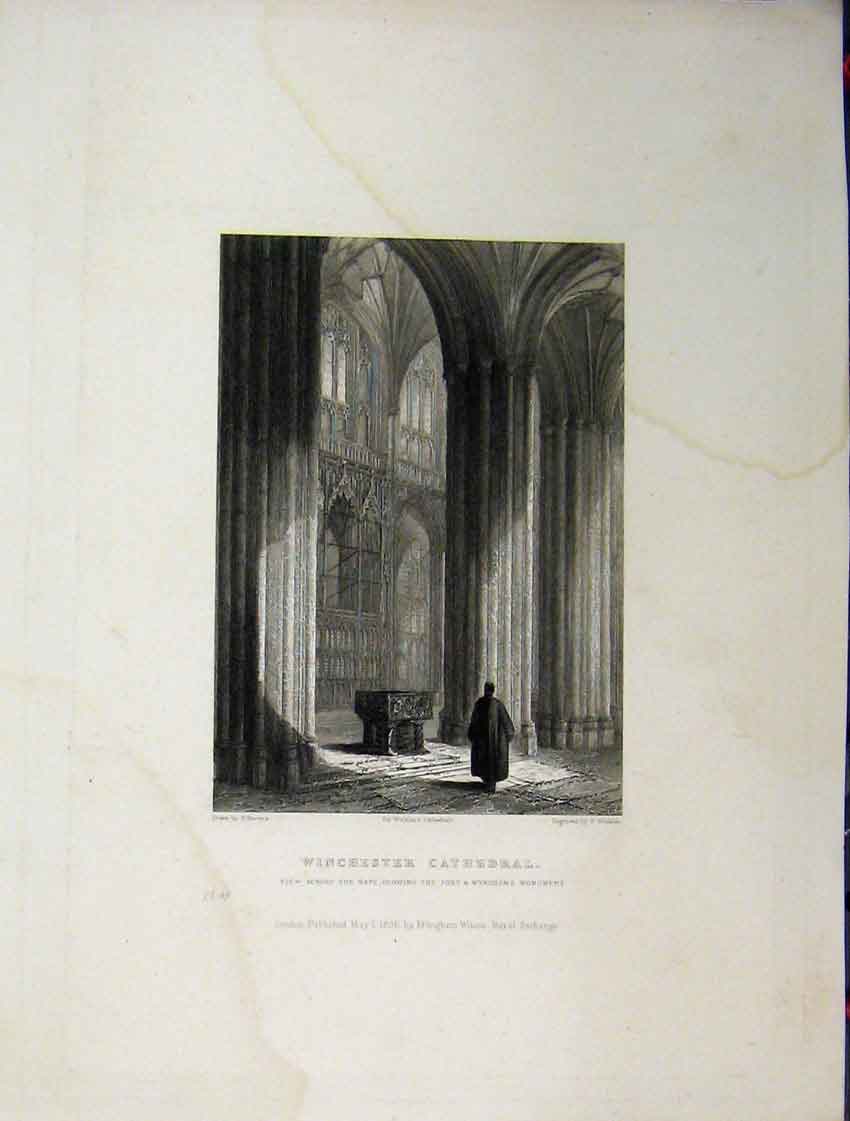 Original Old Antique Print C1837 Winchester Cathedral Wykehams Monument Winkles