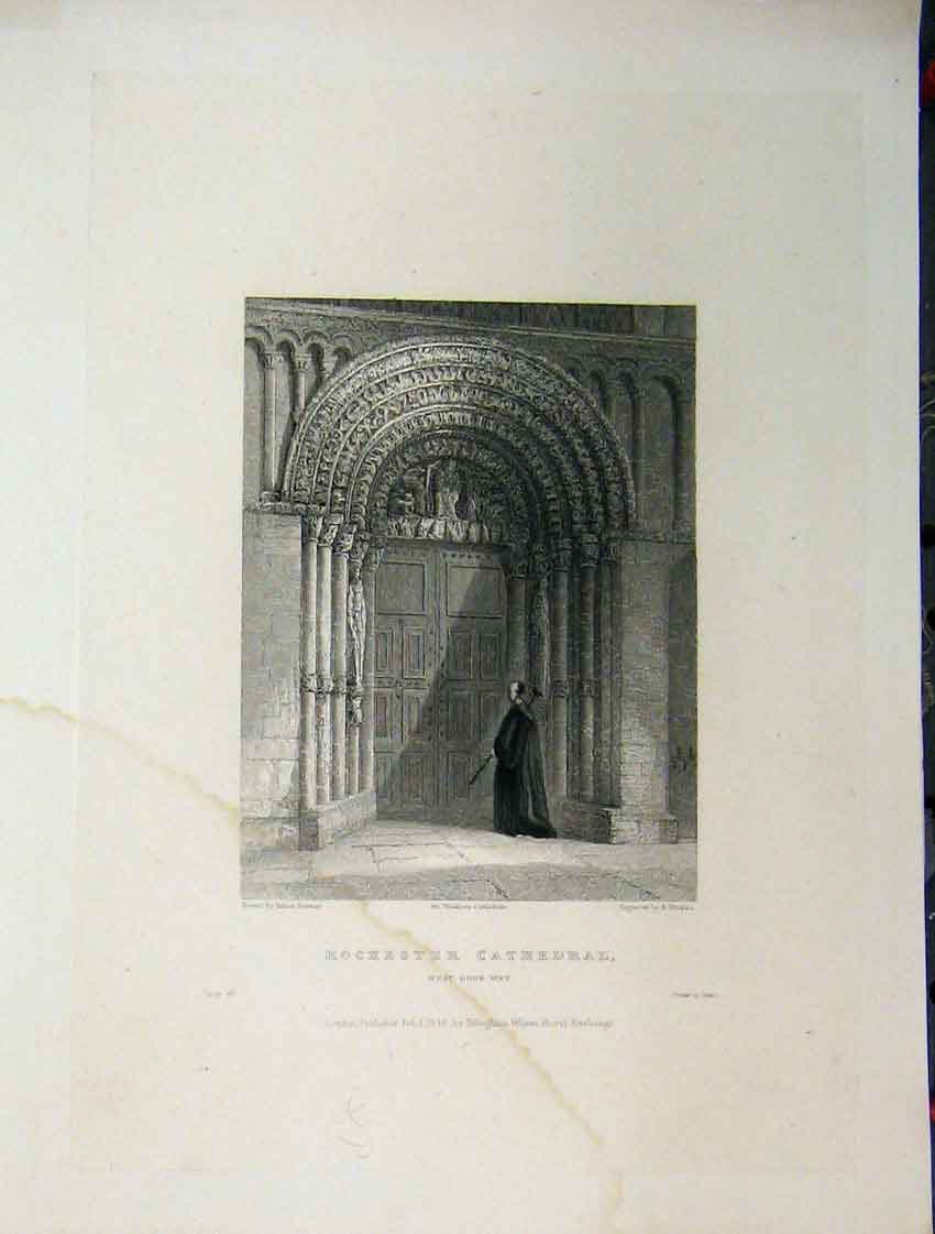 Original Old Antique Print West Door Way Rochester Cathedral C1837 Winkles 19th
