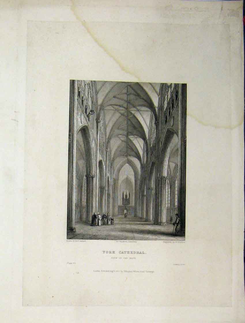 Original Old Antique Print York Cathedral C1837 View Nave Winkles Engraving