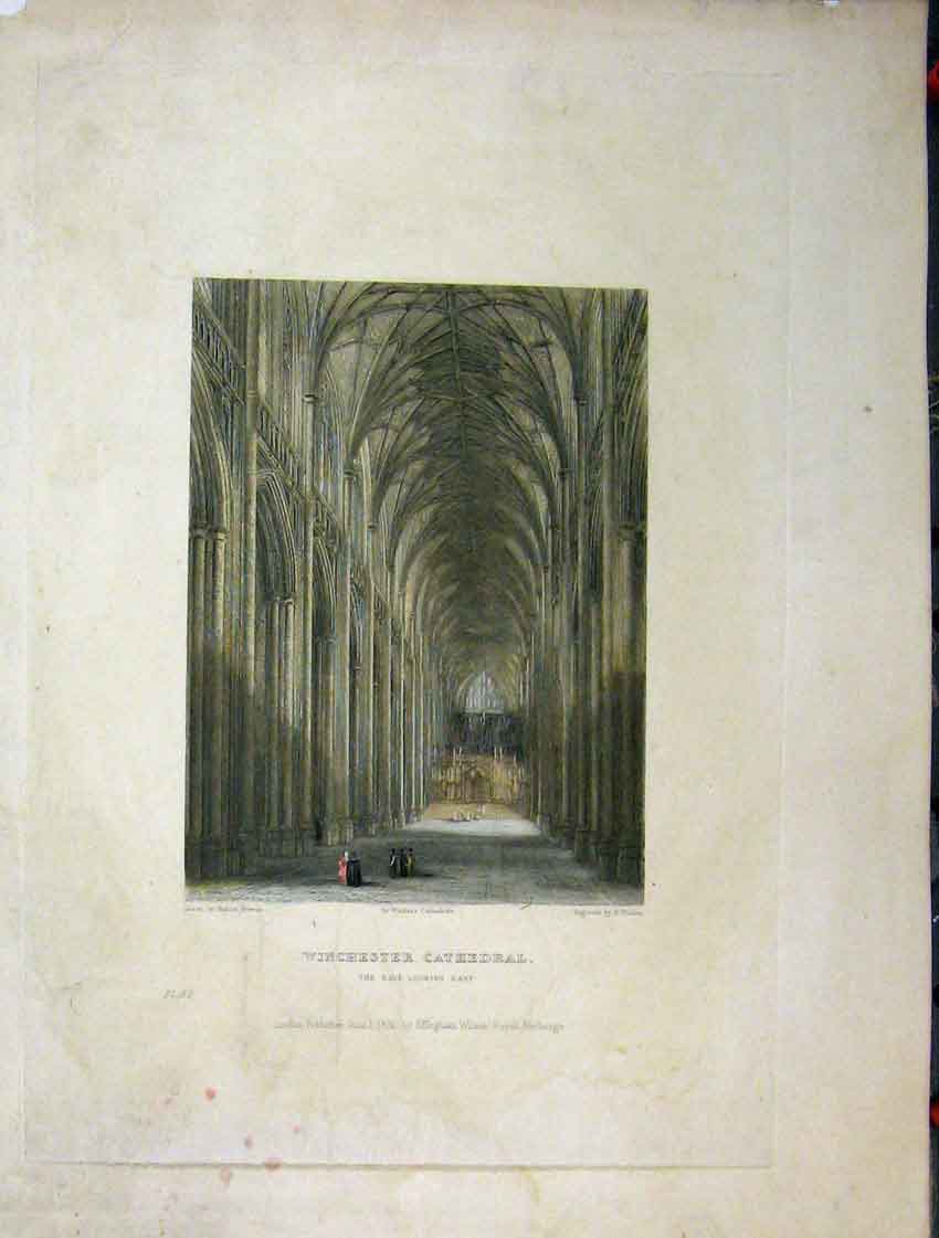 Original Old Antique Print C1837 Winchester Cathedral Nave Winkles Engraving