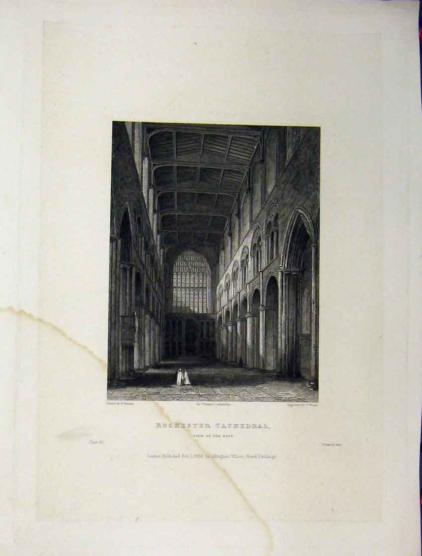Old Antique Print C1837 Rochester Cathedral View Nave Winkles Engraving 19th