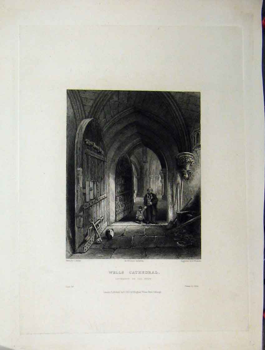 Original Old Antique Print C1837 View Wells Cathedral Entrance Crypt Winkles