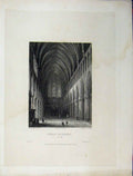 Original Old Antique Print C1837 Wells Cathedral View Nave Winkles Engraving