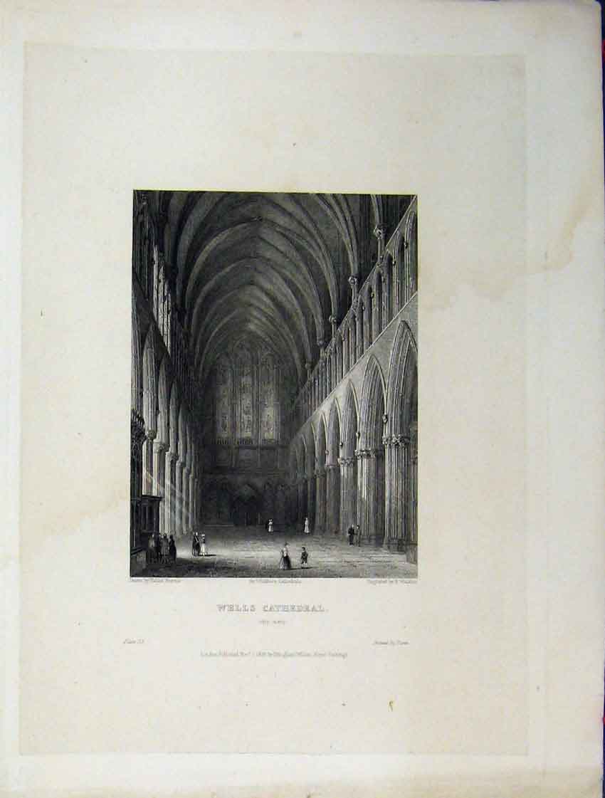 Original Old Antique Print C1837 Wells Cathedral View Nave Winkles Engraving