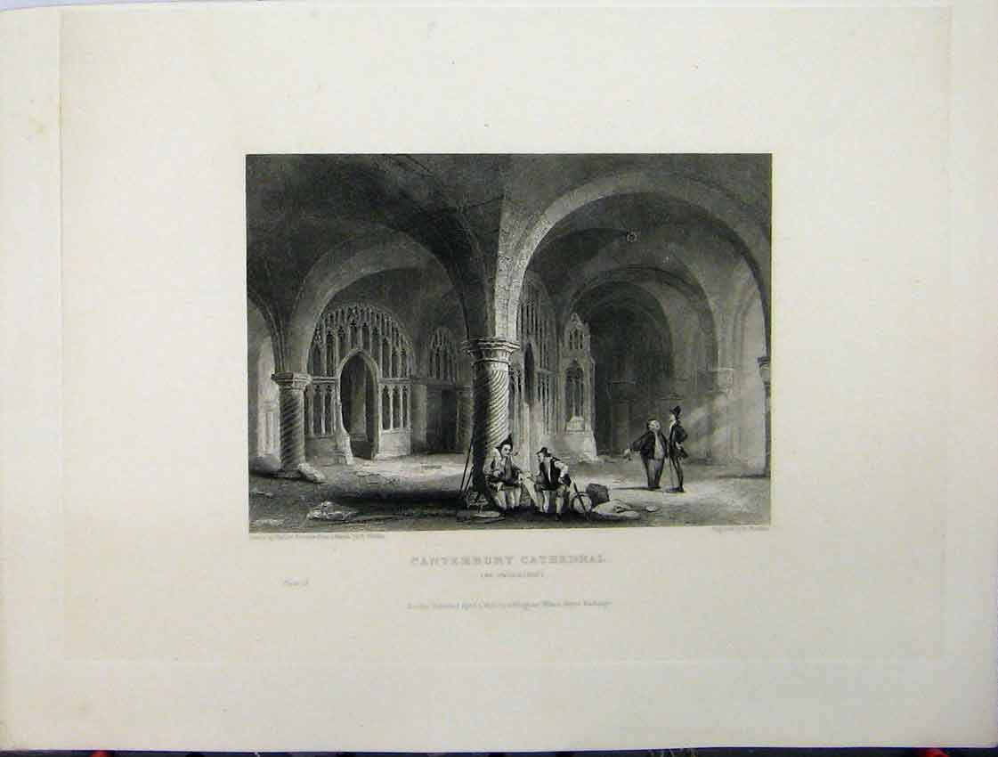 Original Old Antique Print C1837 Canterbury Cathedral View Undercroft Winkles