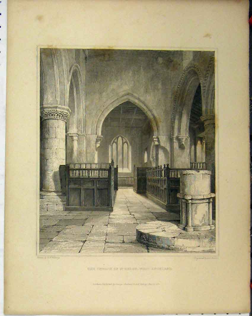 Original Old Antique Print C1844 Sedilia Chancel Staindrop Church Engraving
