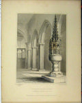 Original Old Antique Print C1844 Billingham Church County Durham Font Nave 19th