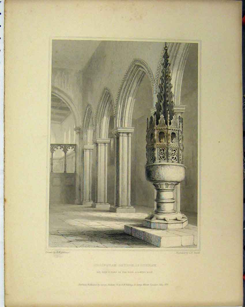 Original Old Antique Print C1844 Billingham Church County Durham Font Nave 19th