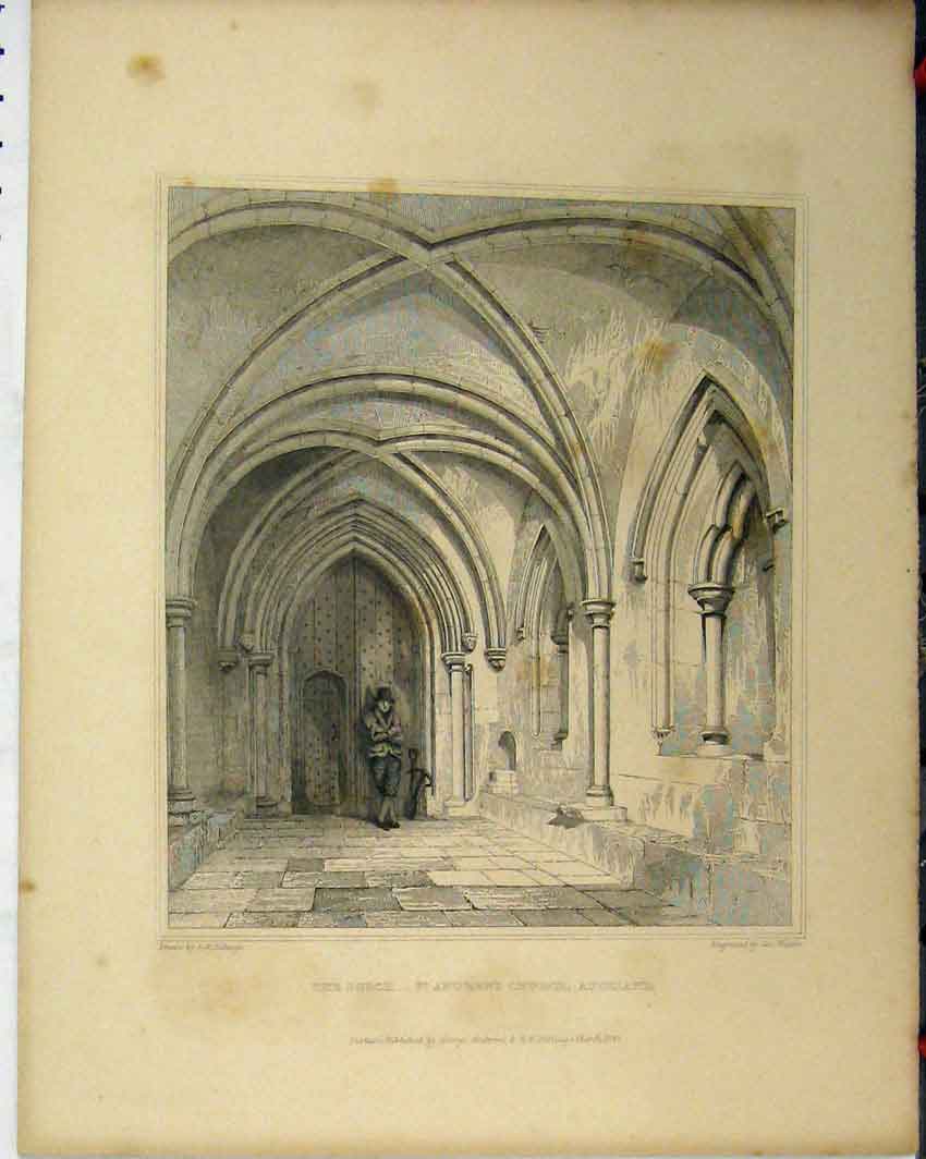Original Old Antique Print C1844 Porch St Andrews Church Auckland Engraving