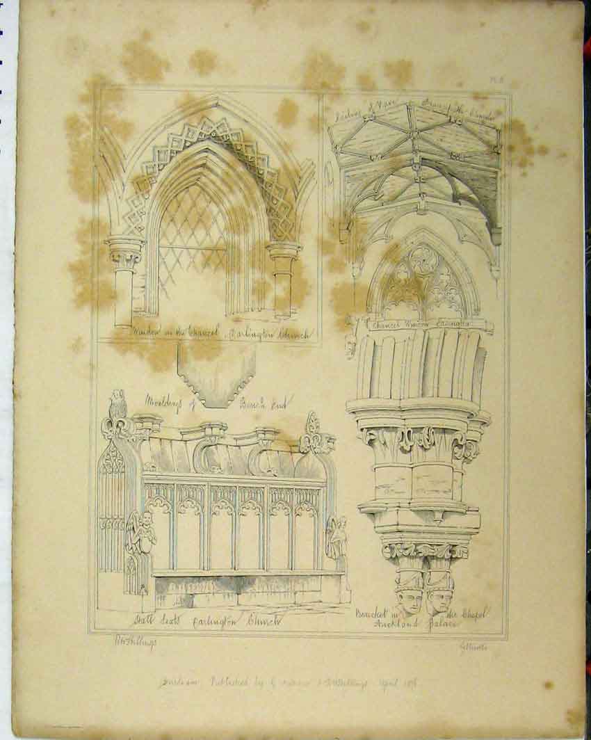 Original Old Antique Print C1844 Carlington Church Window Chancel Stall Seats