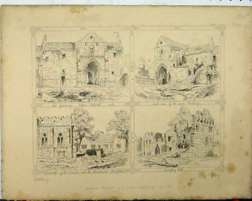 Original Old Antique Print C1844 Langley Hall Transept Church Houghton Hospital