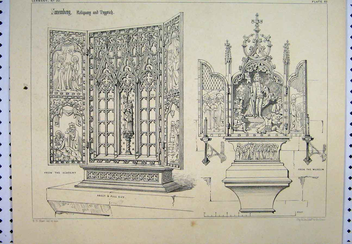 Original Old Antique Print Germany C1870 Academy Museum Window Model Shaw 19th