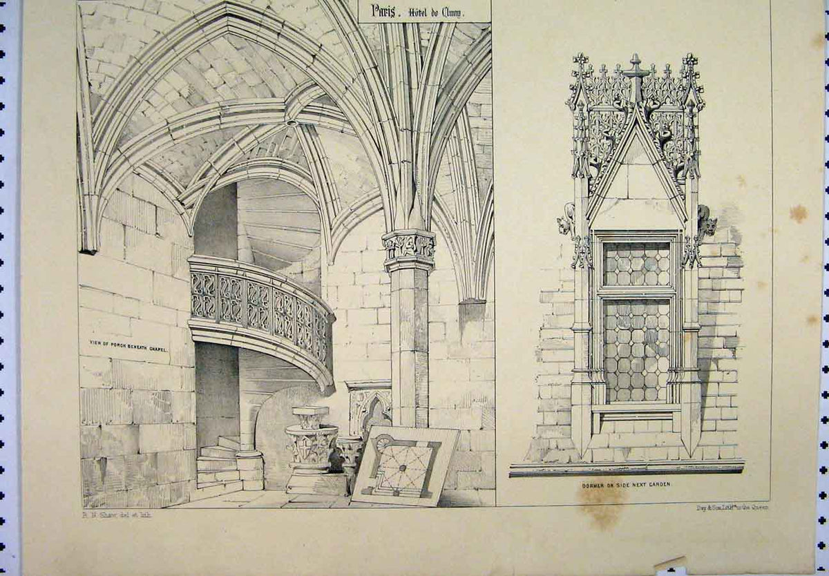 Original Old Antique Print C1870 Paris Hotel Porch Chapel Dormer Window Shaw