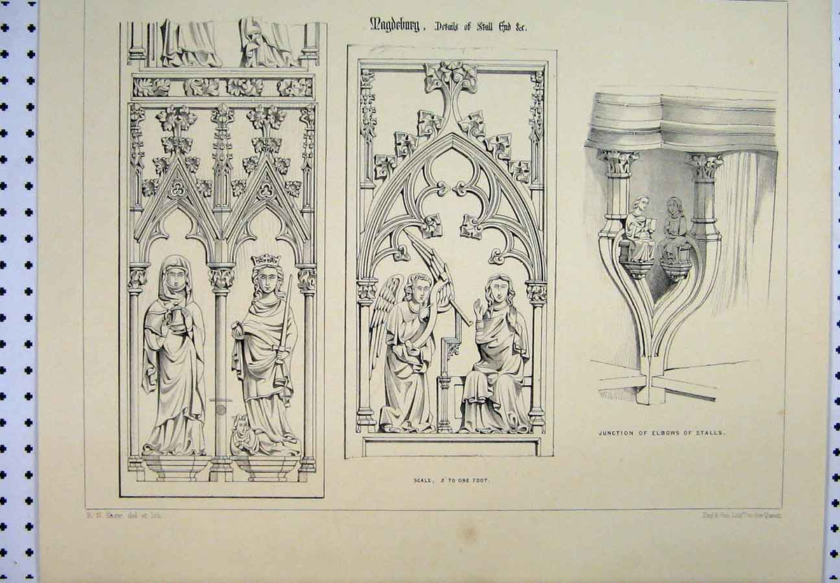 Original Old Antique Print C1870 Germany Magdeburg Stall End Elbows Victorian