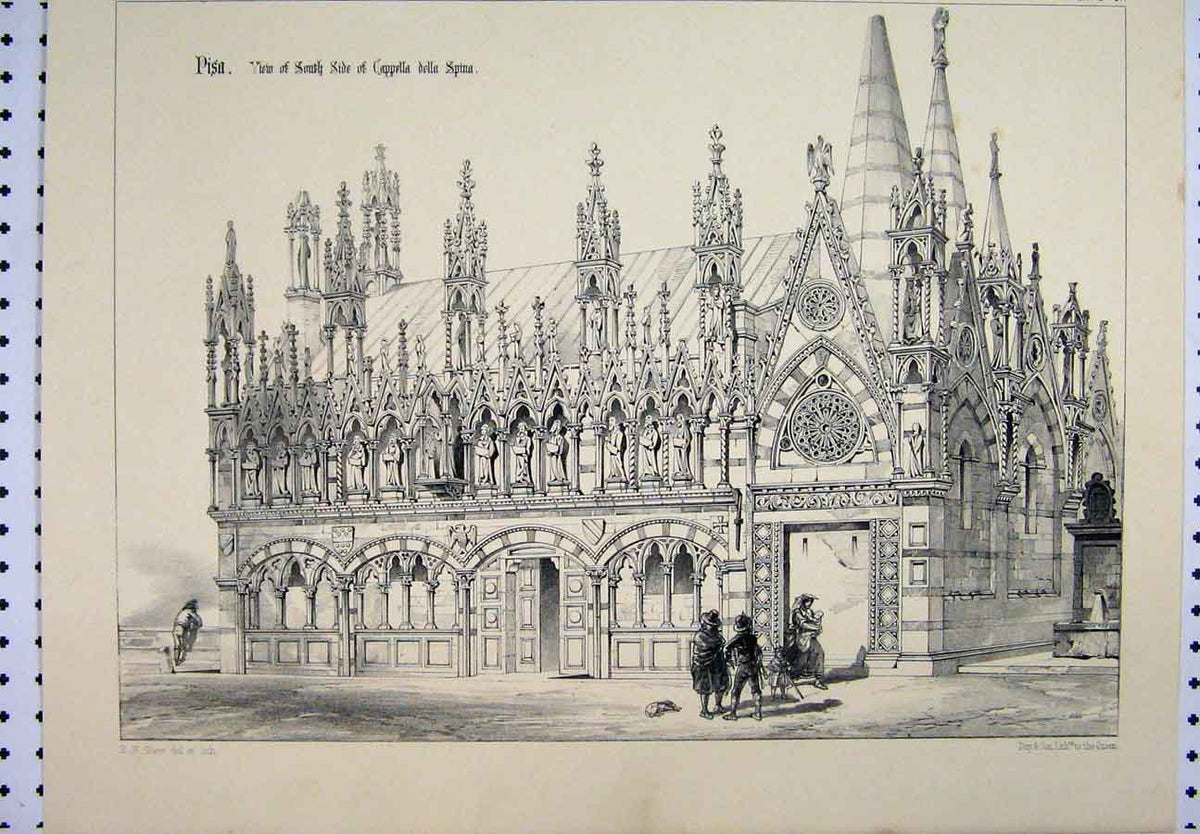Original Old Antique Print Italy Pisa C1870 View Cappella Della Spina Victorian